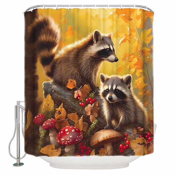 Fall Forest Shower Curtain, 72" x 72", Animal Raccoon Waterproof Bathroom Curtain Washable Shower Curtain Set with 12 Hooks