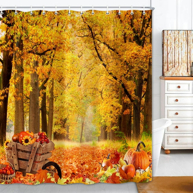 Fall Forest Shower Curtain, Autumn Pumpkin Leaves Tree Nature Season