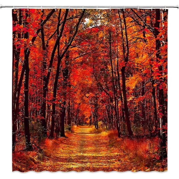 Fall Forest Shower Curtain - Autumn Tree Fallen Leaves, Romantic Seasonal Outdoor Nature Scene, Polyester Fabric, Includes Hooks, Perfect for Fall-Themed Bathrooms, Adds a Cozy and Inviting Atmosphere