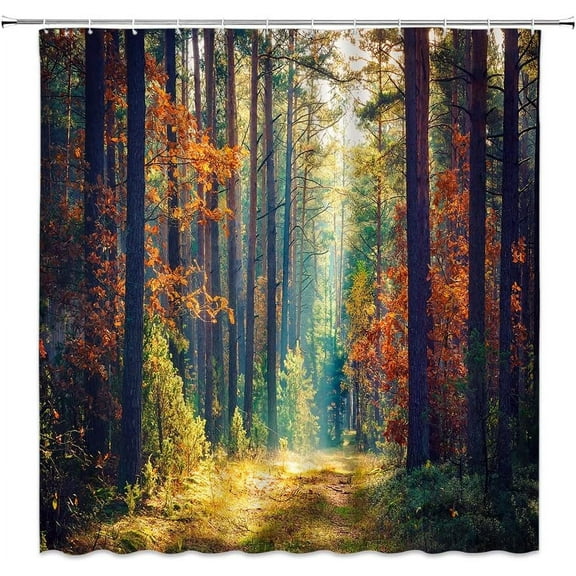 Fall Forest Shower Curtain – Autumn Tree Fallen Leaves Romantic Seasonal Outdoor Nature Scene – Transform Your Bathroom into a Cozy Fall Retreat – Polyester Curtains with Hooks – Perfect for Natur