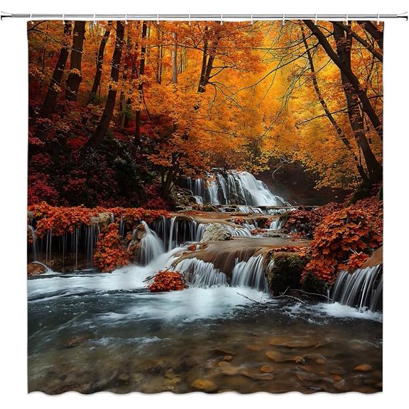 Fall Forest Shower Curtain Autumn Waterfall Stream Foggy Nature 70 x 70 Inches with Hooks