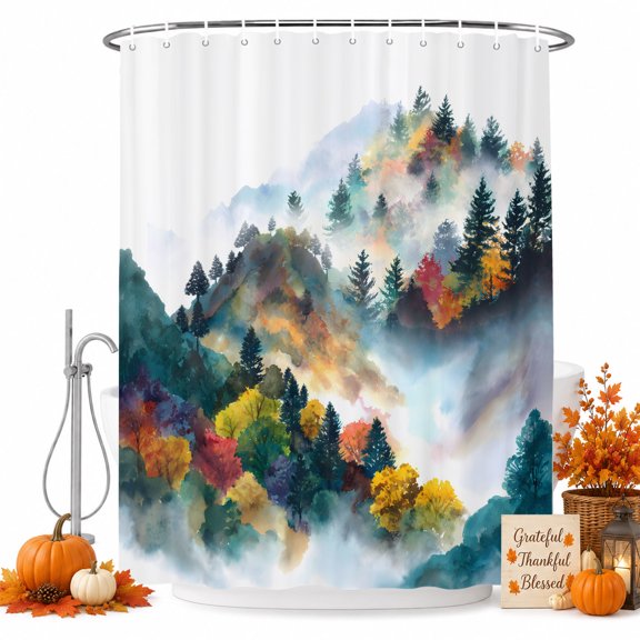 Fall Forest Shower Curtain Set with Hooks, Watercolor Mountain Fog Nature Scenery Sturdy Water Repellent Shower Curtains for Bathroom Bathtub, Machine Washable 36x72 Inch