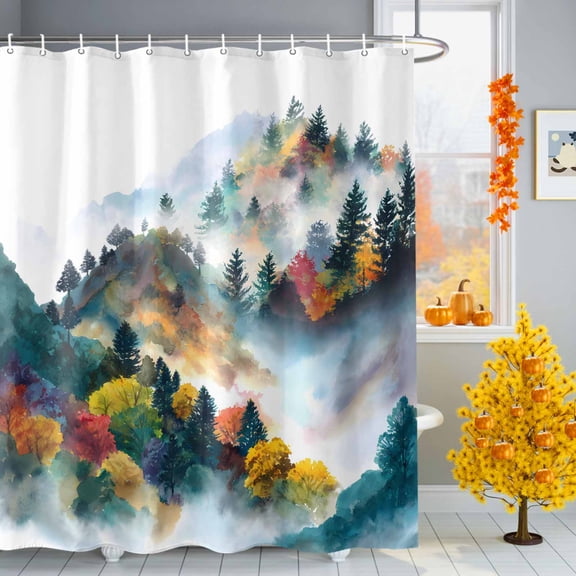 Fall Forest Shower Curtains for Bathroom, Watercolor Mountain Fog Nature Scenery Waterproof Fabric Shower Curtain for Bathroom Bathtub Decoration, Machine Washable, 36"x72"