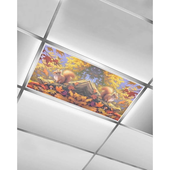 Fall Forest Squirrel Fluorescent Light Covers for Ceiling Lights 4x2 feet,1 Pack Magnetic Light Filters for Classroom,Orange Maple Leaf Autumn Mushroom Fluorescent Light Shade Panel for Office