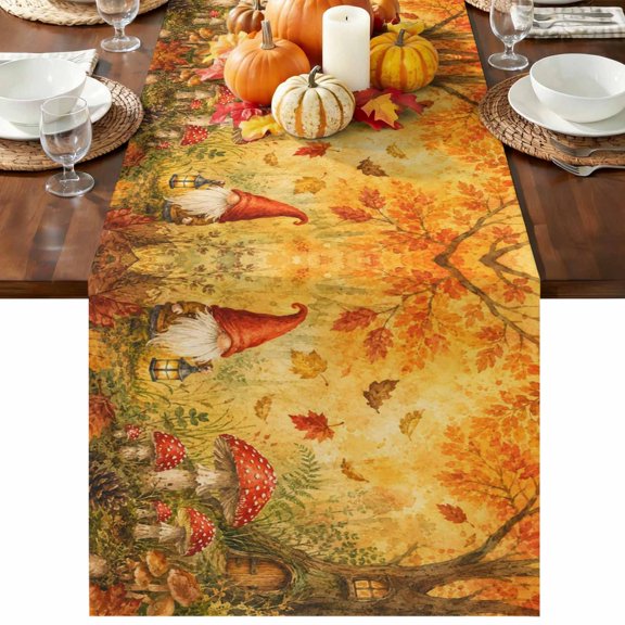 Fall Forest Table Runner 36 Inches Small - Thanksgiving Gnomes Mushroom Maple Leaves Trees Kitchen Dining Burlap Linen Tablerunner for Small/Round/Square/Wedding/Coffee/Dining Table Party 13 x 36