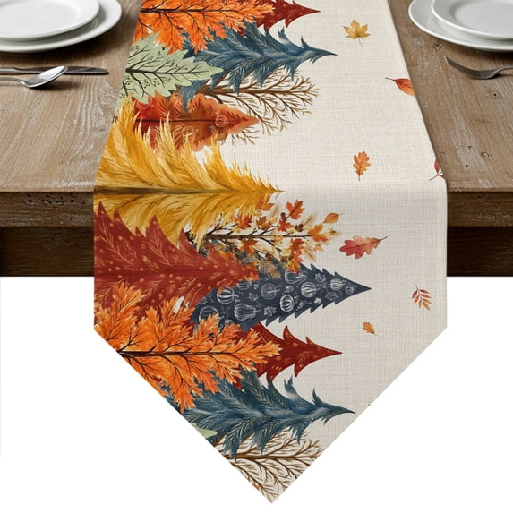 Fall Forest Table Runner Linen Burlap Table Runner 48 Inches Long Orange Blue Trees Maple Leaf Thanksgiving Dresser Scarves for Kitchen Island Coffee Dining Room Party Holiday Decoration 13"x48"