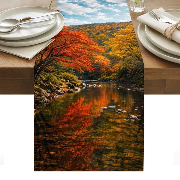 Fall Forest Table Runner Rustic Maple Trees River Nature Scenery Tablerunners 13 x 70 Inch, Table Decorations Tabletop Scarf for Summer Gathering Holiday Farmhouse Kitchen Dining Decor
