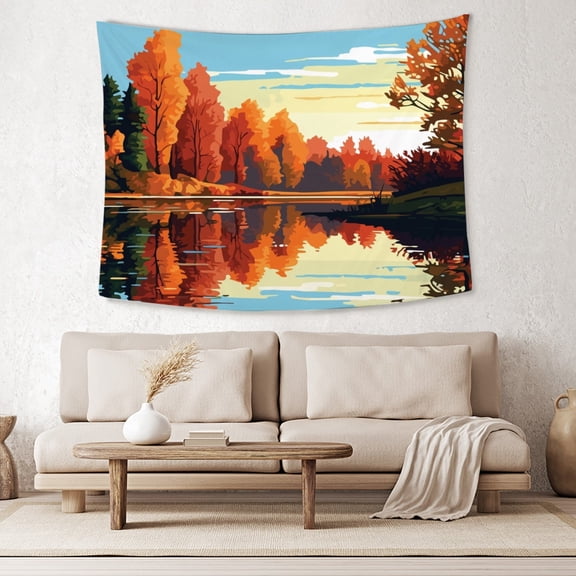 Fall Forest Tapestry Wall Hanging, Autumn Leaves Lake Reflection Nature, Polyester for Bedroom Home Decor Gift