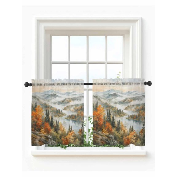 Fall Forest Tier Curtains 24 Inch Length,Sheer Curtains for Bedroom Living Room Autumn Watercolor Pine Trees Mountains Landscape Short Kitchen Curtains Drapes for Small Half Window 27.5"x24" 2 Panels
