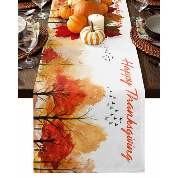 Fall Forest Tree Table Runner-Cotton Linen- 72 Inch Holiday Dresser Scarves, Abstract Contemporary Painting Art Tablerunner for Kitchen Coffee/Dining Bedroom Home Living Room Dinner Scarf Décor 14x72