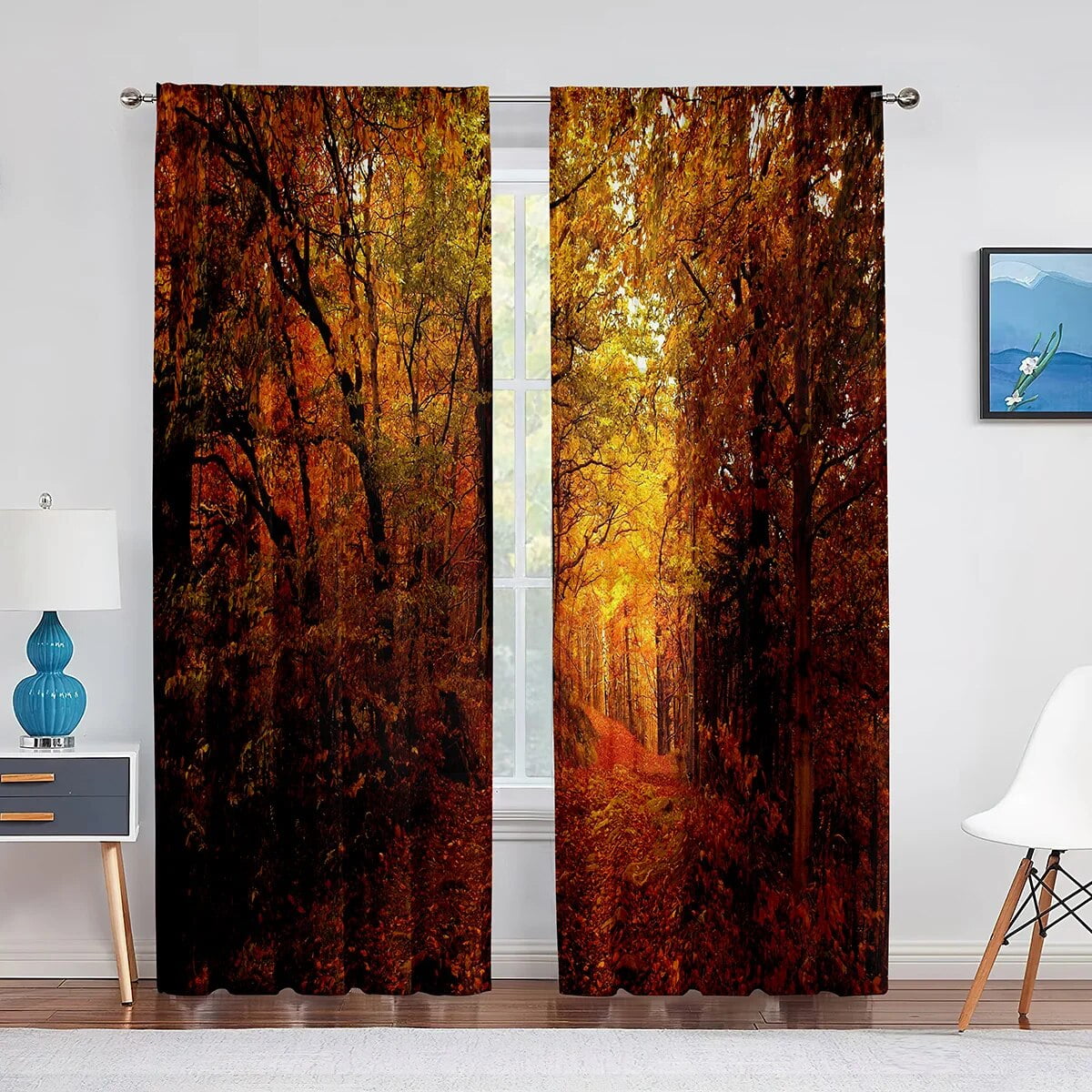 Fall Forest Tulle Curtains for Living Room Bedroom Decoration Autumn Trees Woodland Sunshine ...