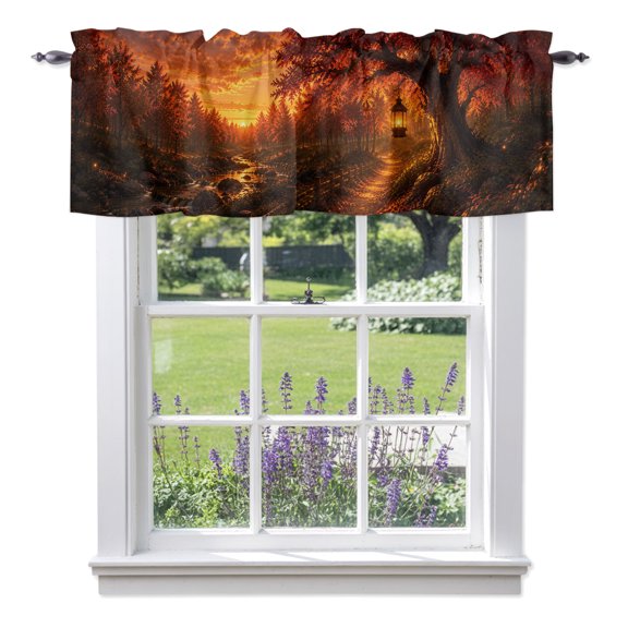 Fall Forest Valances for Windows, Golden Yellow Maple Trees Path Landscape Rustic Country Rod Pocket Short Window Valance Curtains Holiday Window Treatment for Kitchen Living Room Bathroom 60" x 18"