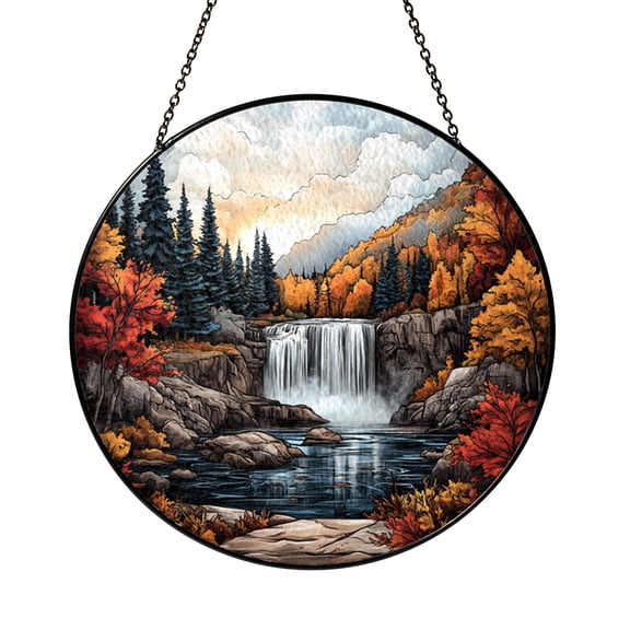 Fall Forest Waterfall Stained Glass Style Window Hanging