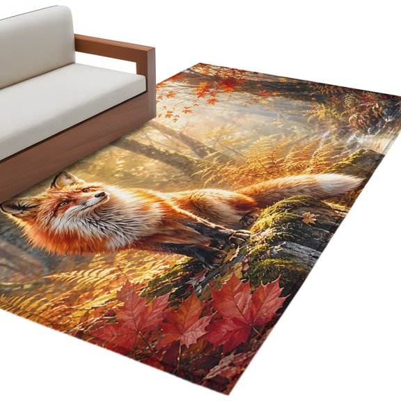 Fall Fox Area Rug 4x6 Washable Rug Non Slip Autumn Forest Wild Animals Maple Leaves Large Area Rug Indoor Floor Carpet for Entryway Bedroom Kitchen Living Room Home Office Dining Room Nursery