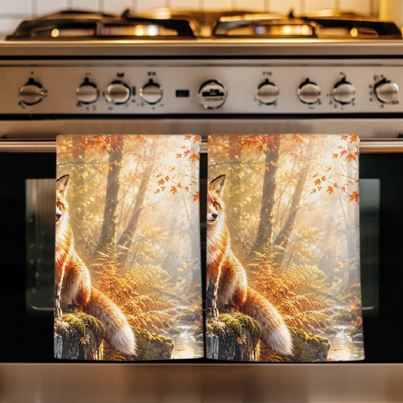 Fall Fox Kitchen Towels Set of 1, Autumn Forest Wild Maple Leaves Absorbent Dish Towels for Kitchen, Microfiber Hand Towel, Quick Drying Tea Towel for Cleaning Decorative Dishcloths