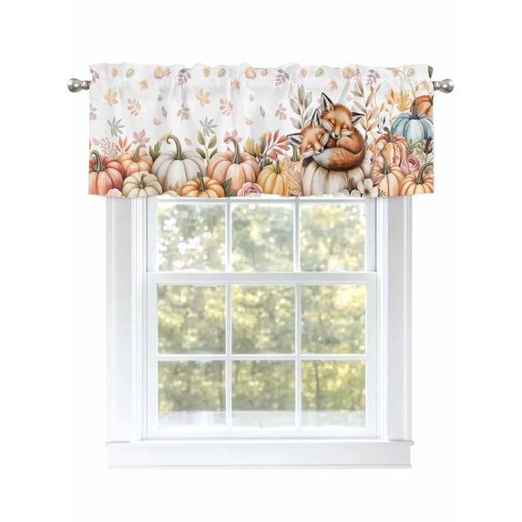 Fall Fox Pumpkin Valances for Windows, Rod Pocket Kitchen Valance Curtains - Soft & Washable Small Window Treatment for Living Room, Bathroom, Autumn Thanksgiving, 54x18inch