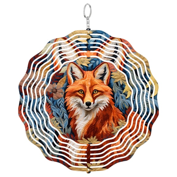 Fall Fox Quilted Pattern 3D Wind Spinner Hanging, UV Printed Tinplate, Autumn Wildlife Decor, Woodland Animal Gift, Roun