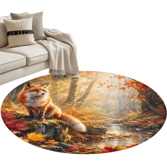 Fall Fox Round Rug 3.3ft Washable Circle Entryway Rugs Non Slip Autumn Forest Wild Animals Maple Leaves Area Rug Indoor Floor Carpet for Bedroom Kitchen Living Room Home Office Dining Room Nursery