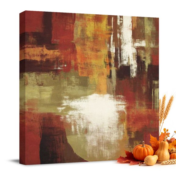 Fall Framed Canvas Wall Art for Living Room Burnt Orange Oil Painting Wall Decor, Abstract Graffiti Art Thanksgiving Paintings for Bedroom Kitchen, Ready to Hang Artwork Wall Pictures 8x8 Inch