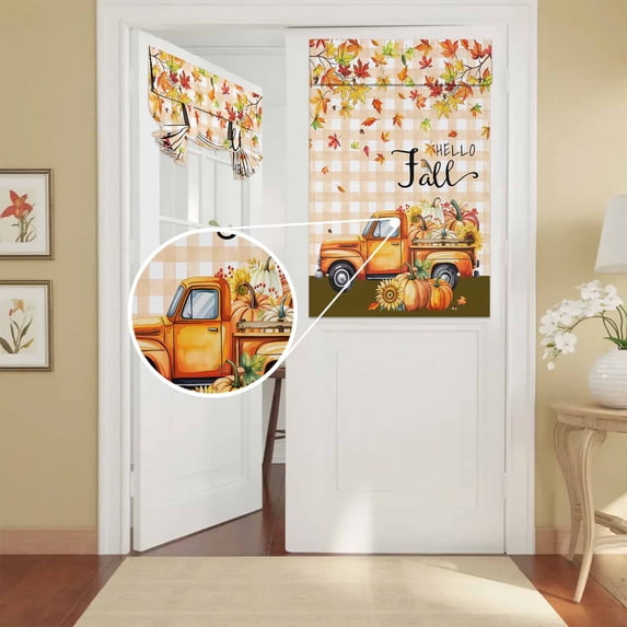 Window Covering Bird Protection Fall French Door Curtain Hello Fall Pumpkin Truck Front Door Curtain ...