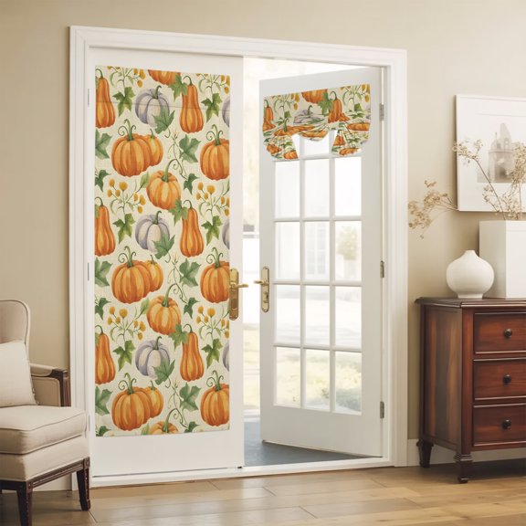 Fall French Door Curtain Orange Pumpkin Front Door Curtain Shades Privacy Tie Up Window Curtains for Glass Flower Leaves Autumn Harvest Linen Thanksgiving Curtains for French Doors Entry Back 26x70