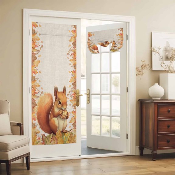 Fall French Door Curtain Squirrel Pine Cone Front Door Curtain Shades Privacy Tie Up Window Curtains for Glass Maple Leaf Thanksgiving Curtains for French Doors Entry Back Kitchen 26x70