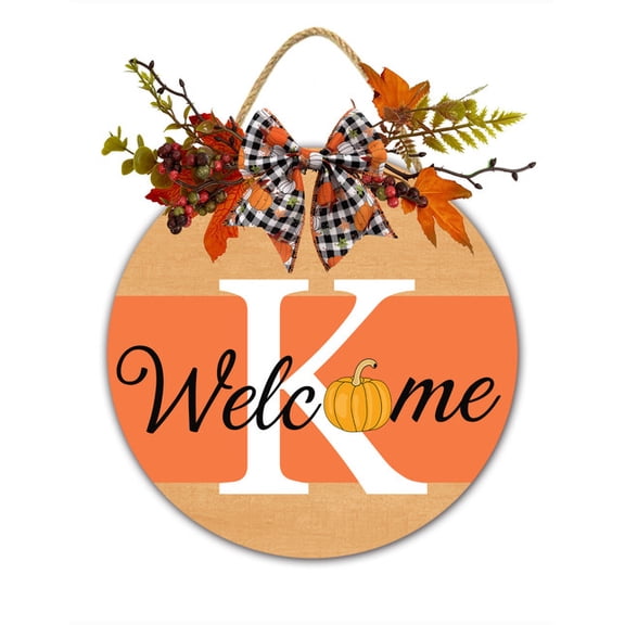 Fall Front Door Decor Sign, Welcome Fall Wreath, Personalized Family Name Sign with Initial Letter K Pumpkin Door Hanger 12x12 Inch, Farmhouse Thanksgiving Home Decor, Housewarming Gift