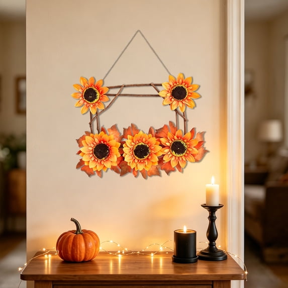 Fall Front Door Floral Swag, Artificial Thanksgiving Maple Leaves Door Hanging with Daisy Pumpkin, Autumn Harvest Twigs Swag Wreath for Farmhouse Mantel Wall Indoor Outdoor Home Decor