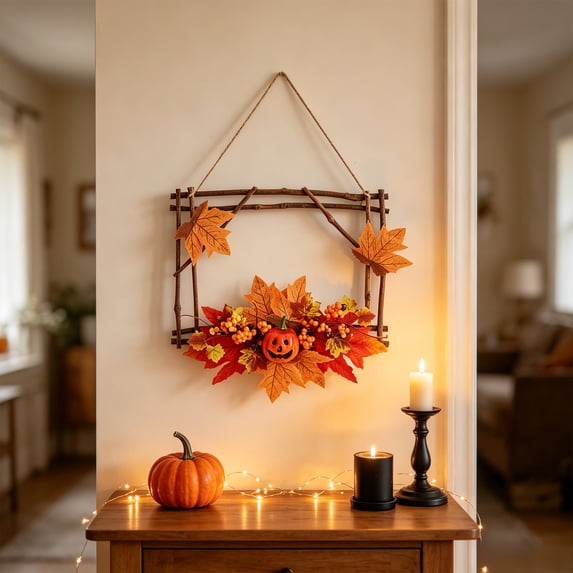 Fall Front Door Floral Swag, Artificial Thanksgiving Maple Leaves Door Hanging with Daisy Pumpkin, Autumn Harvest Twigs Swag Wreath for Farmhouse Mantel Wall Indoor Outdoor Home Decor
