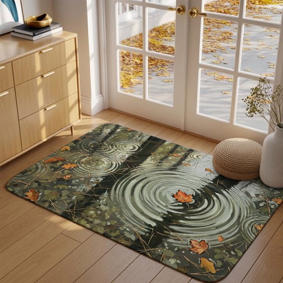 Fall Front Door Mat Indoor Entrance, Rustic Rainy Nature Floating Leaf Pine Needles Water Ripples Absorbent Dirt Resist Welcome Mats Non-Slip Low-Profile Doormat Washable Entry Rug Indoor 17x30 Inch