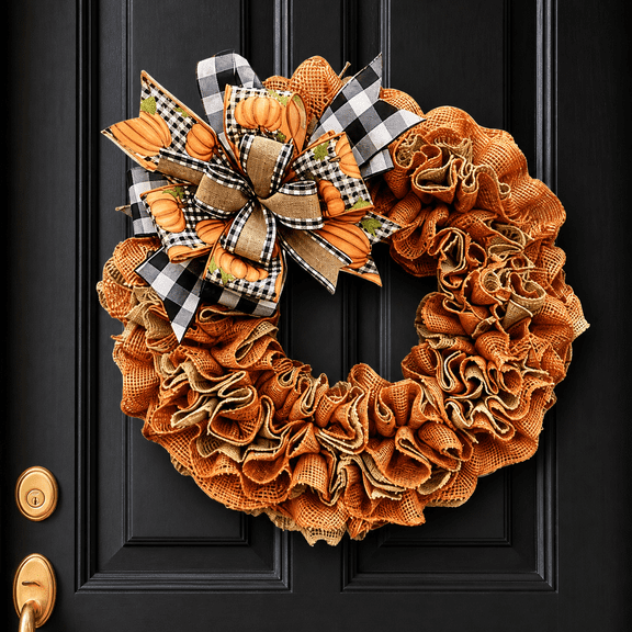 Fall Front Door Wreath, 14.6 Inch, Artificial Orange Linen Bow with Pumpkin Ribbon, Thanksgiving Harvest Hanging Decor for Porch, Entryway Holiday Display