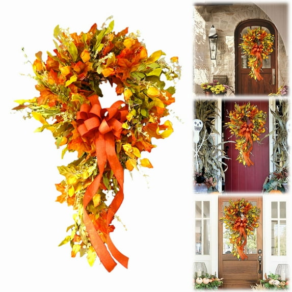 Autumn Maple Wreath Artificial Fall Decor For Front Door Wall Halloween & Thanksgiving（ Version For ）,One Deluxe Maple Leaf Wreath (45Cm)