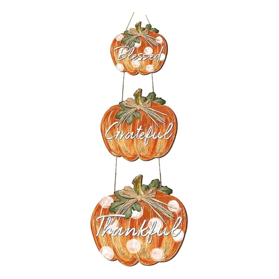 Fall Front Porch Decor, Wooden Pumpkin Hanging Sign, Blessed Grateful Thankful Design, Rustic Farmhouse Fall Decor for Front Door Wall, Thanksgiving Autumn Home Decoration 1 Pack