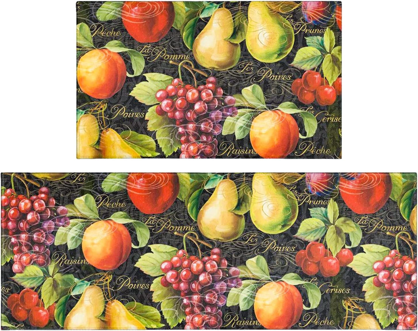 Fall Fruit Kitchen Rugs Set 2 Piece Vintage Black Farmhouse Decorative Rug Runner for Kitchen Low-Profile Floor Mats Decorations for Home Kitchen (17"x48"+17"x30")