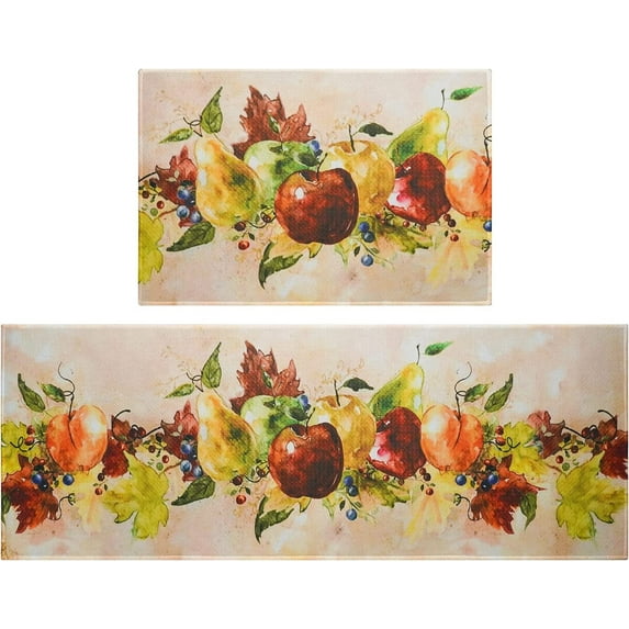 Fall Fruit Kitchen Rugs Set 2 Piece Vintage Farmhouse Decorative Rug Runner for Kitchen Low-Profile Floor Mats Decorations for Home Kitchen (17"x48"+17"x24")