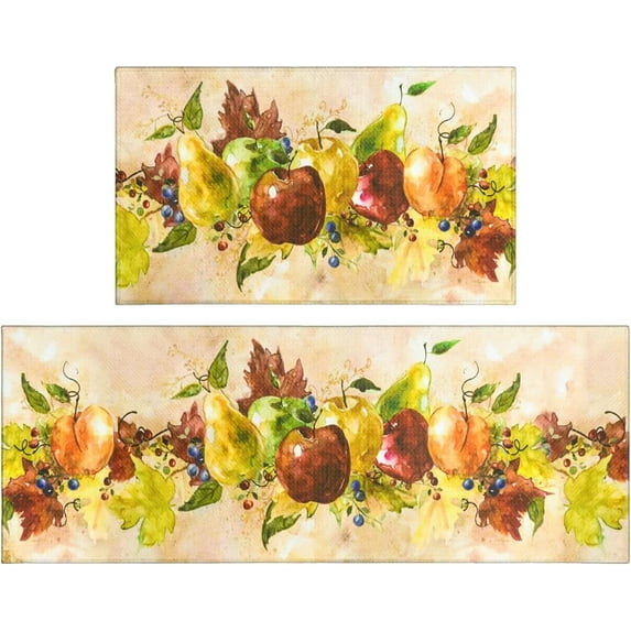 Fall Fruit Kitchen Rugs Set 2 Piece Vintage Farmhouse Decorative Rug Runner for Kitchen Low-Profile Floor Mats Decorations for Home Kitchen (17"x48"+17"x30")