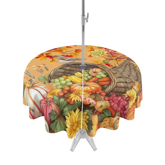 Fall Fruits Outdoor Round Tablecloth with Umbrella Hole 60", Basket Robin Maple Leaves Waterproof Zippered Table Cloth Wrinkle Free Wipeable Desk Covers for Patio Party