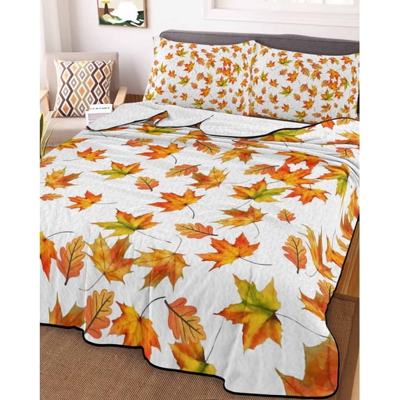 Fall Full Size Down Alternative Comforter, Lightweight Comforter Quilt Bedding Set with Pillow Shams Thanksgiving Watercolor Orange Green Maple Leaf All Seasons Bed Comforter Duvet Insert 78"x90"