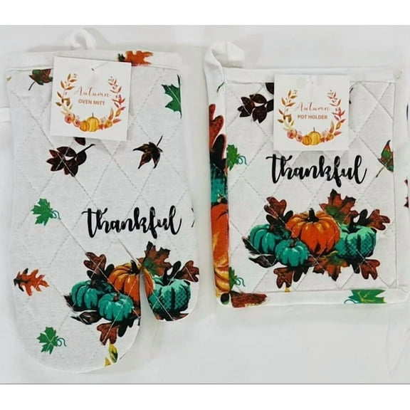 Fall Fun Kitchen Pot Holder Oven Mitt Set 2 Pc Thankful
