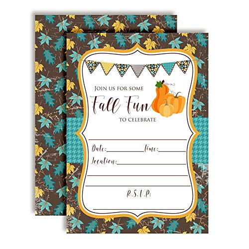 Fall Fun Leaves & Pumpkins Teal Birthday Party Invitations