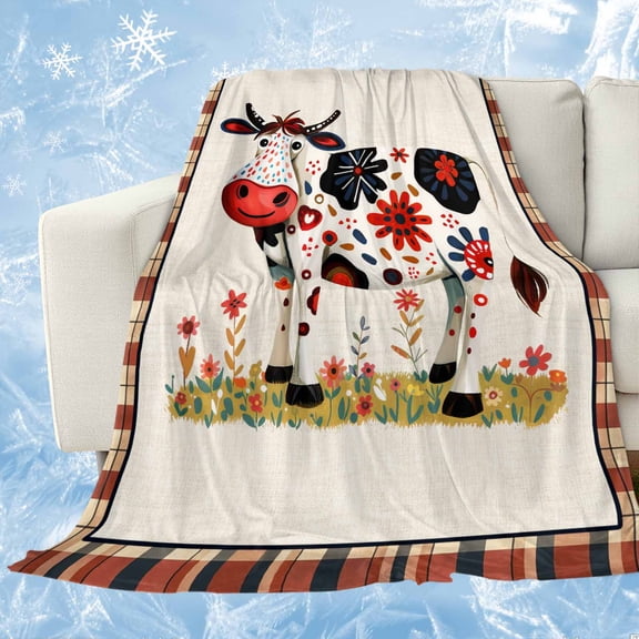 Fall Funny Cow Cooling Blanket, Lightweight Breathable Summer Throw Blanket with Double Sided Cold Effect, Farm Animal Flower Leaves Lattice Picnic Beach Blankets Bed Sheet for Hot Sleepers 40"x60"