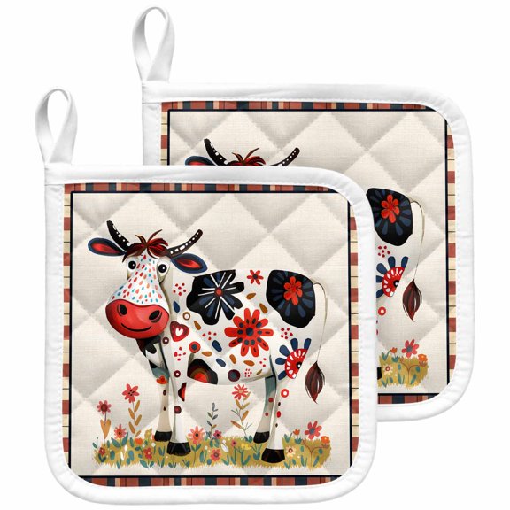Fall Funny Cow Pot Holders for Kitchen Heatproof Potholder, 2 Pack Farm Animal Flower Leaves Lattice Hot Pads Multipurpose Oven Pads Cloth Potholders Trivet for Cooking and Baking