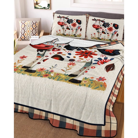 Fall Funny Cow Twin XL Size Down Alternative Comforter, Lightweight Comforter Quilt Bedding Set with Pillow Shams Farm Animal Flower Leaves Lattice All Seasons Bed Comforter Duvet Insert 68"x98"