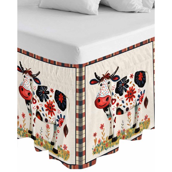Fall Funny Cow Wrap Around Bed Skirts for Queen Bed 16" Drop, Bed Skirt with Adjustable Elastic Belt Dust Ruffle Bed Valance for Bedroom Hotel Luxury Farm Animal Flower Leaves Lattice Bed Frame Cover