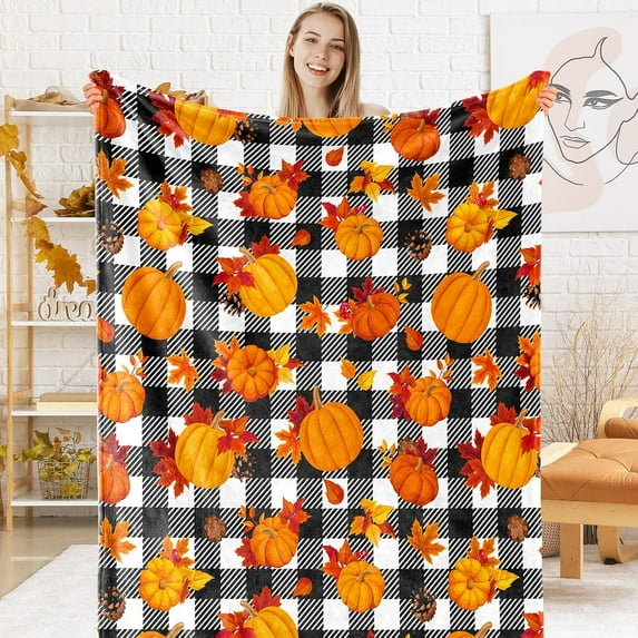 Fall Fuzzy Blanket Plaid Pumpkin Leaves Throw Blanket Orange Black Soft Cozy Flannel Blanket for Autumn Thanksgiving Home Bed Sofa Couch Chair, 50 x 60 Inch