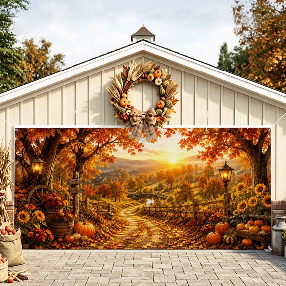 Fall Garage Door Banner 6.9x8 Ft, Autumn Farmhouse Country Pumpkins Maple Leaves Outdoor Garage Door Cover for Holiday Party, Hanging Banner Backdrop Decoration Wall Decor Flag