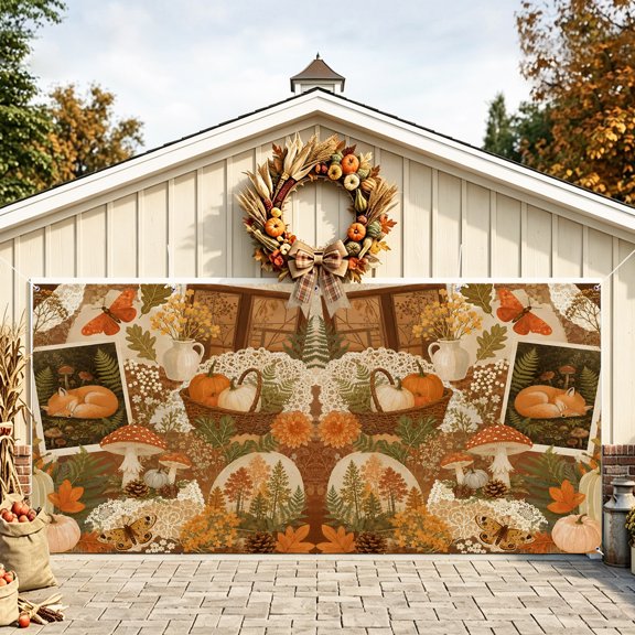 Fall Garage Door Cover,Thanksgiving Country Harvest Fox Pumpkins Maple Leaf Garage Door Decorations with Ropes,Large Outdoor Hanging Banner Backdrop for Holiday Party Porch Wall Decor 6.9x16ft