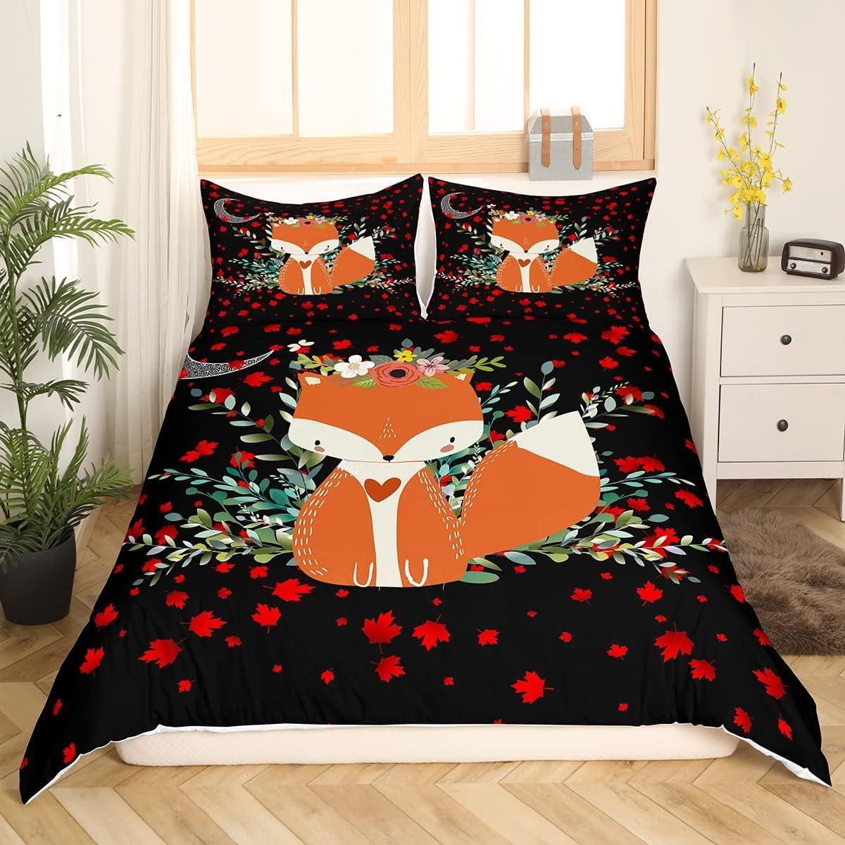 Fall Garden Duvet Cover King,Red Truck Comforter Cover Autumn Maple
