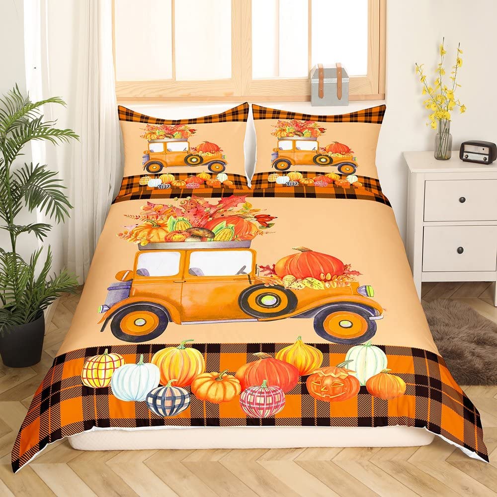 Fall Garden Duvet Cover King,Red Truck Comforter Cover Autumn Maple