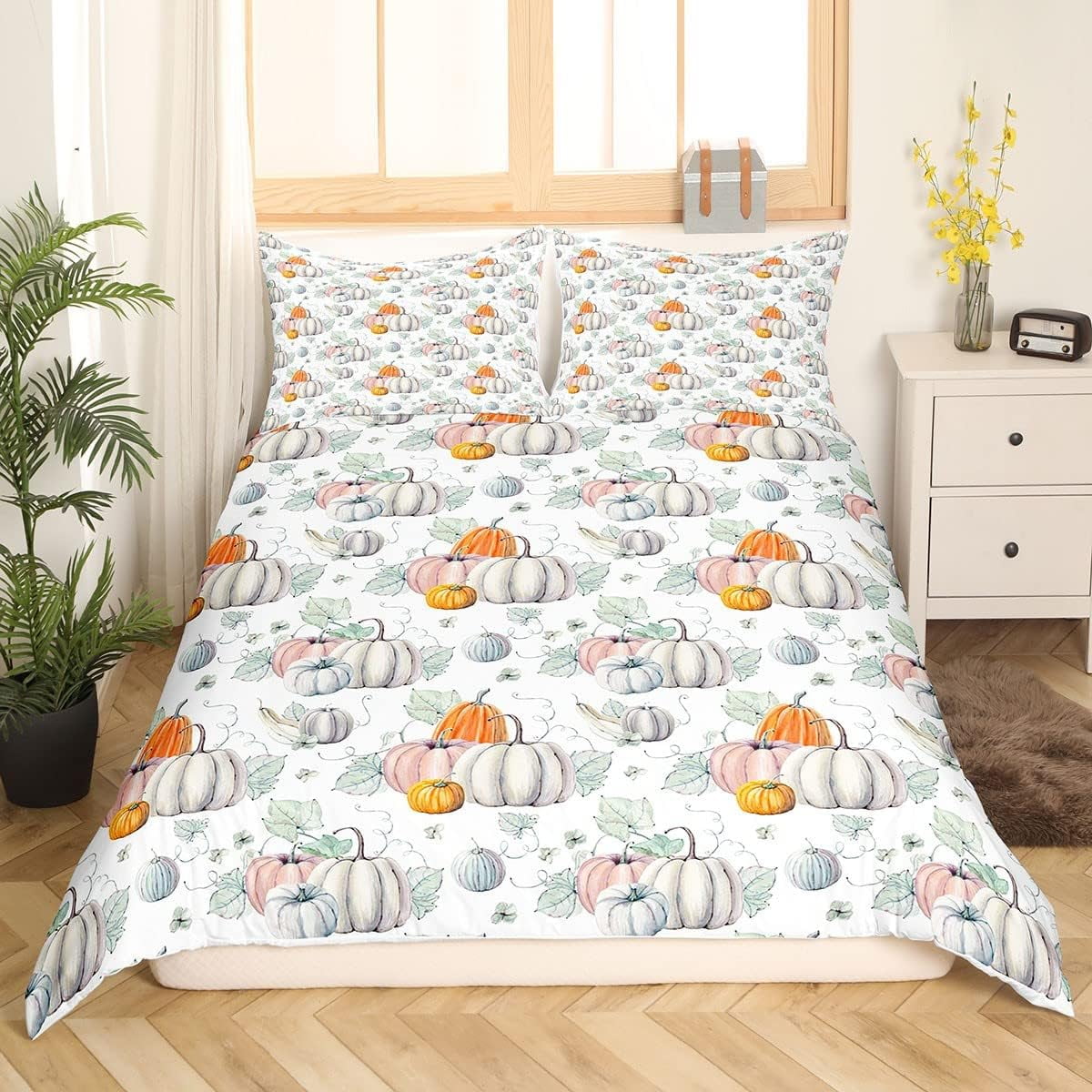 Fall Garden Duvet Cover King,Red Truck Comforter Cover Autumn Maple